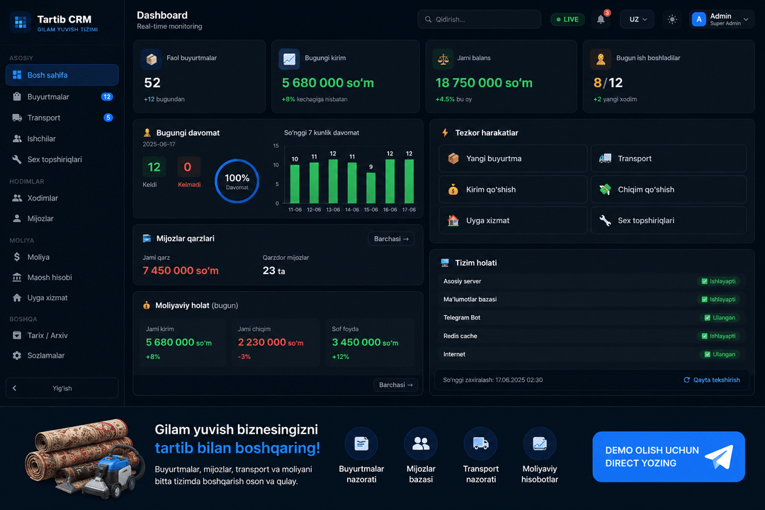 Tartib CRM Dashboard — real ekran